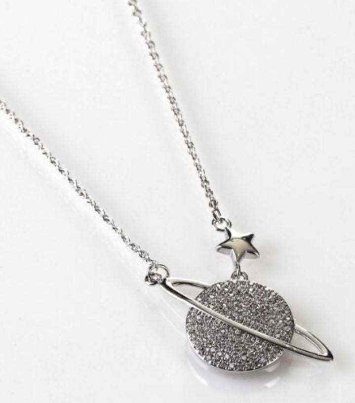 Equilibrium Celestial Pave Planet Silver Plated Necklace