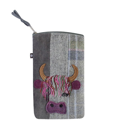 Tweed Eye Glass Case with Appliqué Highland Cow