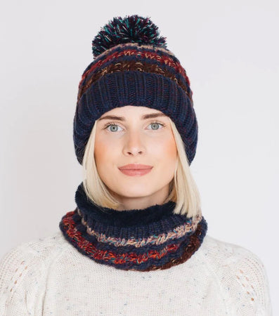 Chunky Navy Stripe Fleece Lined Hat and Snood Set